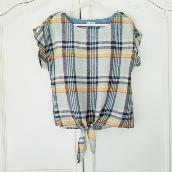 L.L. Bean Tops - L.L. Bean Signature Blue Plaid 100% Linen Short Sleeve Tie Front Boxy Top Medium